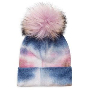 Furlux Tie-dye Fox Fur Pom Pom Beanie in Pink and Blue - New with Tags
